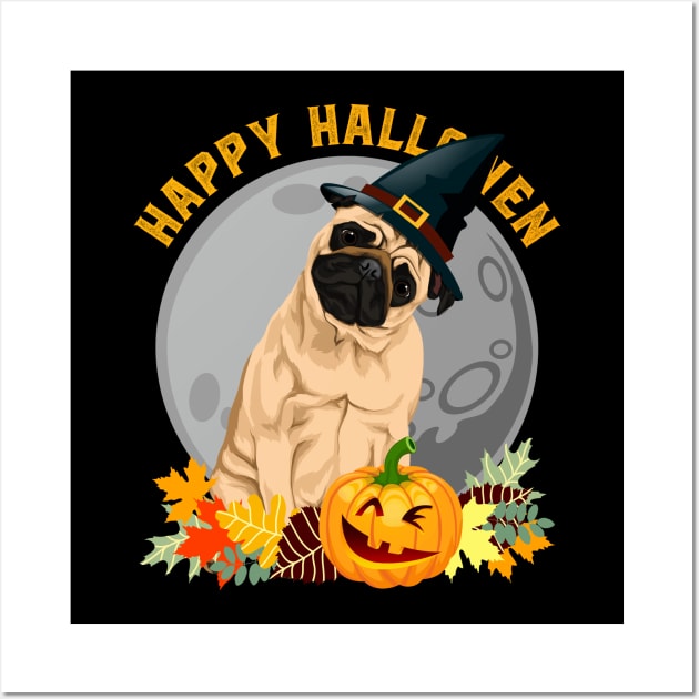 Happy Halloween Pug Dog and Pumpkin Wall Art by RadStar